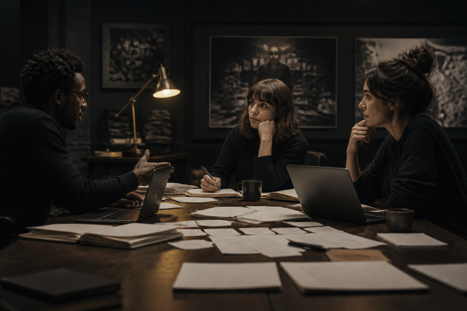 Screenwriters collaborating together in a professional writers' room