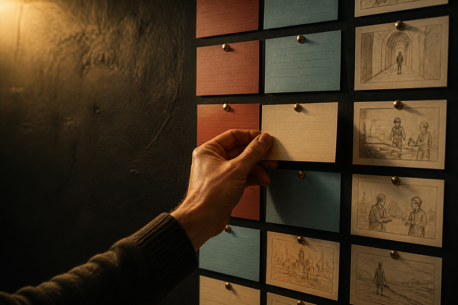 Index cards on the wall — the tactile reality of story-breaking work